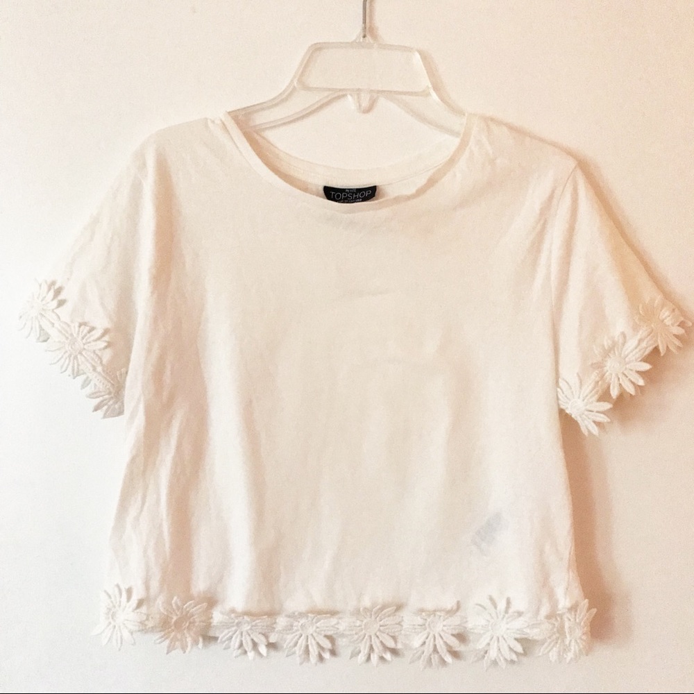 topshop white cropped floral trim shirt
